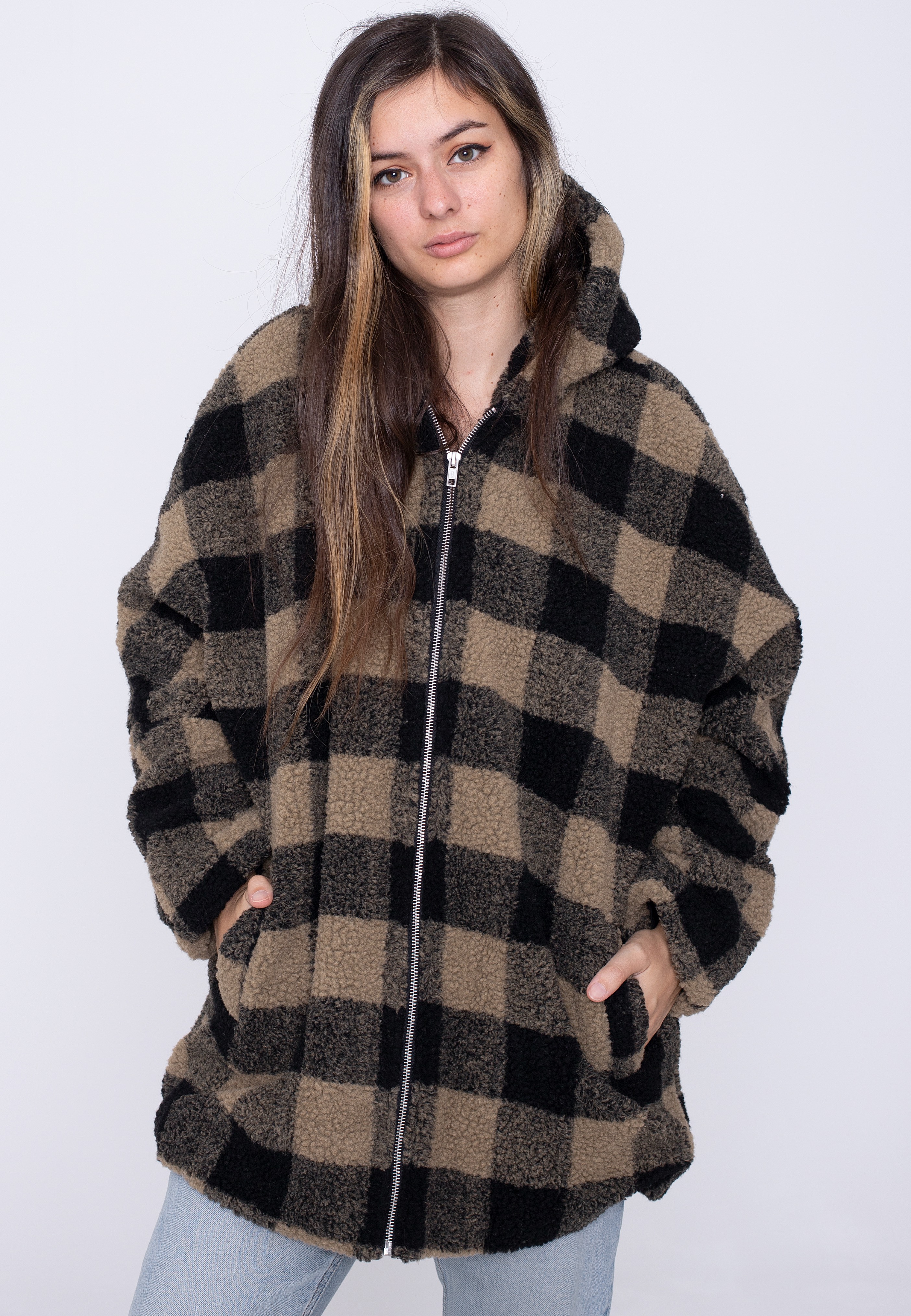 Urban Classics - Ladies Hooded Oversized Check Sherpa Soft Taupe/Black - Jacken