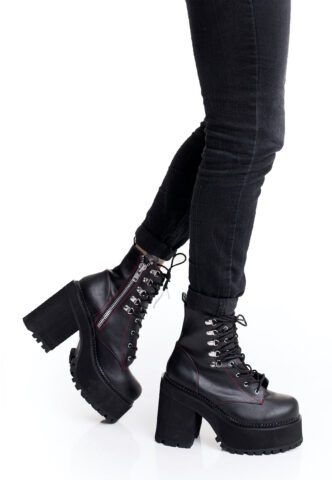 DemoniaCult – Assault 100 Lace Up Ankle D Ring Side Zip Black Vegan Leather – Girl Schuhe – Schwarz – EU 40 – Synthetic/Textile/Gummi