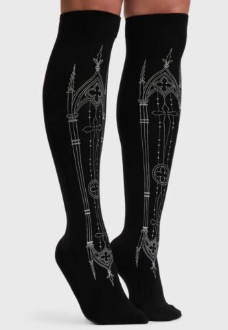 Killstar – Cathedra Knee High Multi – Socken – Schwarz – Onesize – 82% Polyamid, 18% Elastan