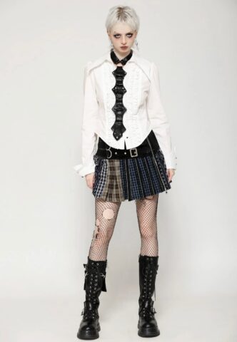 Dark In Love – Colorful Plaid Patchwork Leather-Waist – Rock – Mehrfarbig – M – 100% Baumwolle