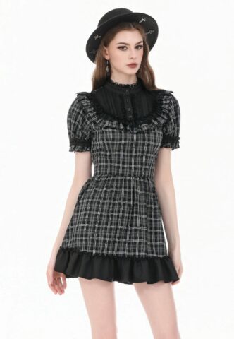 Dark In Love – Dark Lolita Gingham Patchwork Lace Ruffle – Kleid – Schwarz – XL – 100% Baumwolle