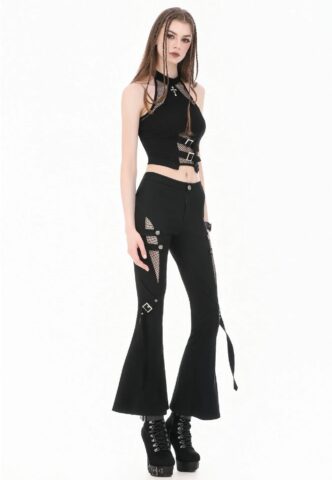 Dark In Love – Dark Rift Gothic Punk Mesh Patchwork Cutout Buckle Flare – Hose – Schwarz – S – gid://shopify/Metaobject/321215365357