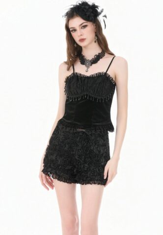 Dark In Love – Dark Rose Gothic 3D Floral Jacquard Lace Trimmed – Shorts – Schwarz – XS – 100% Polyester