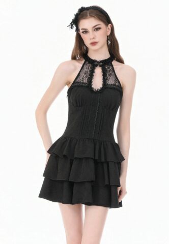 Dark In Love – Gothic Halter Lace Patchwork Rose Jacquard Tiered Ruffle – Kleid – Schwarz – XL – gid://shopify/Metaobject/314200195309