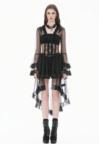 Dark In Love – Gothic Retro Sheer Lace Patchwork Deep-V Flare Sleeve Duster – Kleid – Schwarz – XL – 100% Nylon