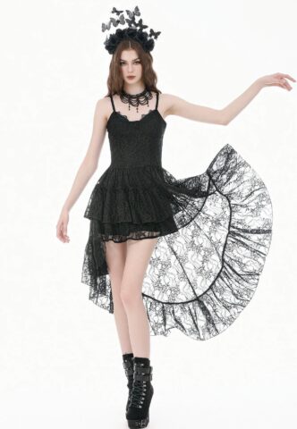Dark In Love – Retro Gothic Lace Camisole High-Low Ruffle Tail – Kleid – Schwarz – M – gid://shopify/Metaobject/314200162541