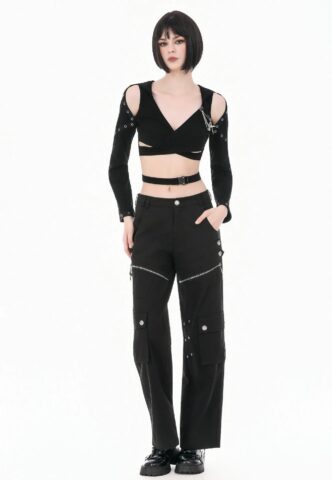 Dark In Love – Urban Mobility Dark Techwear Multi Pocket Cross Zip – Hose – Schwarz – XS – 100% Baumwolle