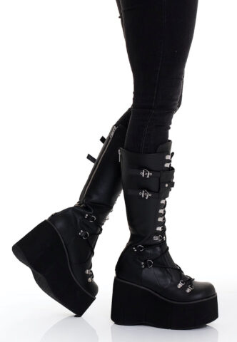 DemoniaCult – Kera 200 Lace Up Knee High Black Vegan Leather – Girl Schuhe – Schwarz – EU 41 – Synthetic/Synthetic/Gummi