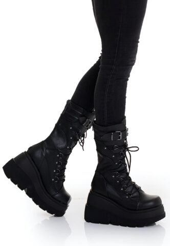 DemoniaCult – Shaker 70 Wedge Lace Up Mid Calf Black Vegan Leather – Girl Schuhe – Schwarz – EU 40 – Synthetic/Synthetic/Gummi