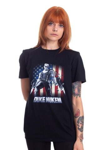 Duke Nukem – Flag & Logo – T-Shirt – Schwarz – S – 100% Baumwolle