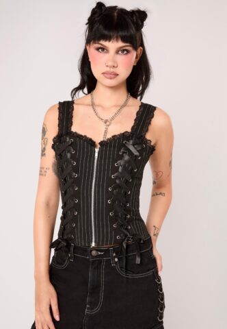 Hellbunny – Quinzel C Pinstripe Black/White – Oberteil – Schwarz – L – 62% Polyester, 35% Viskose, 3% Elastan