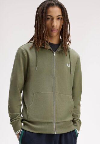 Fred Perry – Hooded Zip-Through Laurel Wreath Green/Ecru/Dusky Blue – Zipper – Grün – XXL – 100% Baumwolle