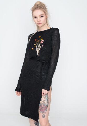 Jawbreaker – Dead Flowers Embroidered Knitted Midi Black – Kleid – Schwarz – XL – 100% Polyester
