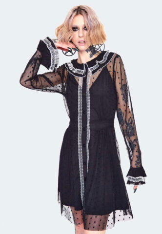 Jawbreaker – Frilled Collar Mesh Witch Black – Kleid – Schwarz – S – 100% Polyester