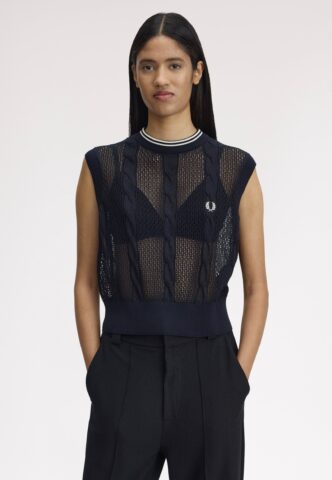 Fred Perry – Mesh Cable Knit Navy – Oberteil – gid://shopify/Metaobject/122014793965 – Small – 52% Baumwolle, 48% Polyester