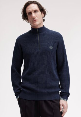 Fred Perry – Waffle Stitch Half Zip Dark Airforce – Pullover – Blau – S – 100% Baumwolle