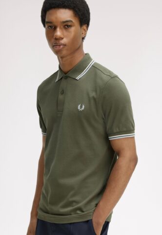 Fred Perry – Twin Tipped Laurel Wreath Green/Ecru/Dusky Blue – Polo – Grün – S – 100% Baumwolle