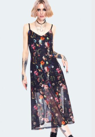 Jawbreaker – Night Garden Print Midi With Front Open Black – Kleid – Schwarz – XS – 95% Polyester, 5% Elastan
