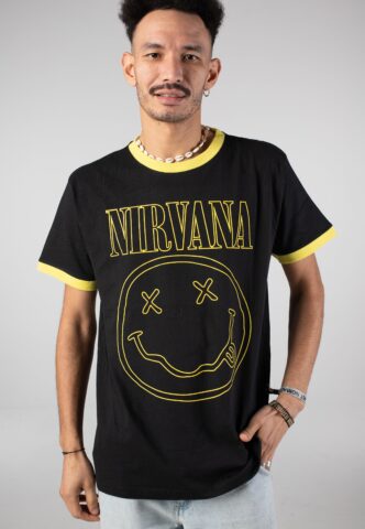 Nirvana – Outline Happy Face Ringer – T-Shirt – Schwarz – L – 60% Baumwolle, 40% Polyester