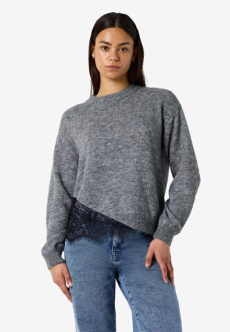 Noisy May – Preston O-Neck Lace Medium Grey Melange – Pullover – Grau – M – 75% Polyester, 14% Nylon, 6% Wolle, 5% Elastan