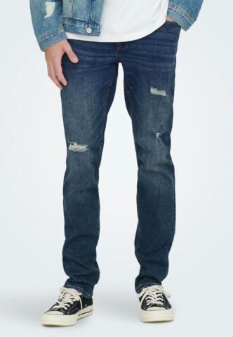 Only & Sons – Loom Slim Damage Blue Denim – Jeans – Blau – W28 / L32 – 98% Baumwolle, 2% Elastan