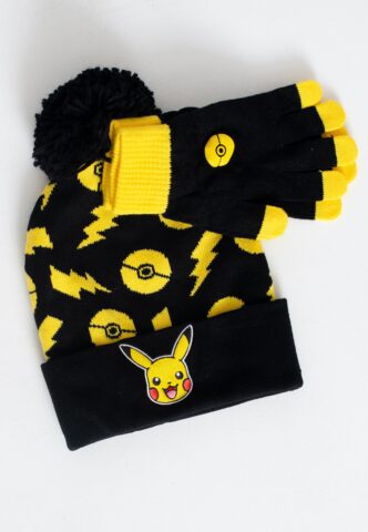 Pokémon – Pikachu Beanie + Gloves – Geschenk Set – Schwarz – Onesize – 95% Polyacryl, 5% Elastan