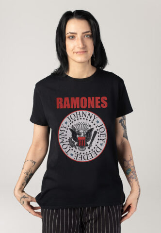 Ramones – Hey Ho Red Block Text – T-Shirt – Schwarz – L – 100% Baumwolle