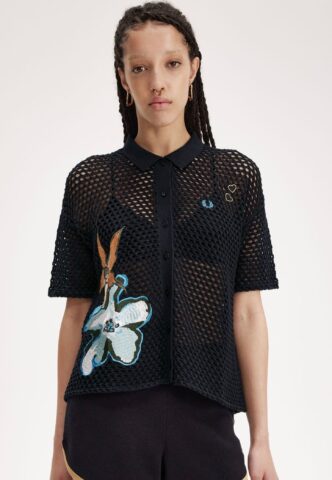 Fred Perry x Amy Winehouse – Embroidered Open Knit Black – Hemd – Schwarz – X-Small – 100% Baumwolle