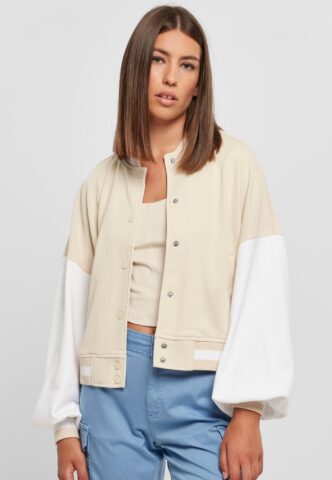Urban Classics – Ladies Oversized 2 Tone College Terry Softseagrass/White – Collegejacke – Beige – S – 65% Baumwolle, 35% Polyester