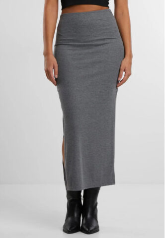 Urban Classics – Ladies Rib High Slit Darkgreymelange – Rock – Grau – XL – 80% Polyester, 20% Viskose