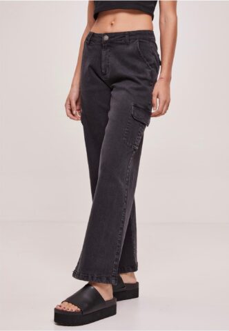 Urban Classics – Ladies High Waist Straight Cargo Black Washed – Jeans – Schwarz – W27 – 98% Baumwolle, 2% Elastan