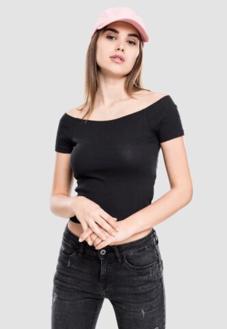 Urban Classics – Ladies Off Shoulder Rib Black – T-Shirt – Schwarz – S – 97% Baumwolle, 3% Elastan