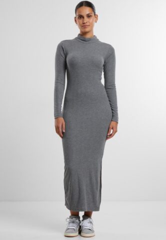 Urban Classics – Ladies Rib Longsleeve Mockneck Darkgreymelange – Kleid – Grau – XS – 80% Polyester, 20% Viskose