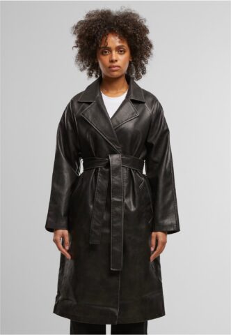 Urban Classics – Ladies Vintage Leather Trenchcoat – Jacke – Schwarz – S – Obermaterial: 100% Polyester; Futter: 100% Polyester